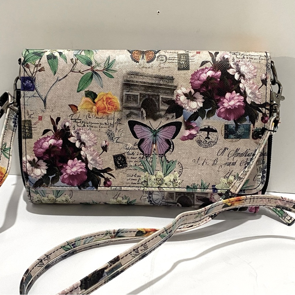 Vintage Style Paris-Inspired Floral Butterfly Crossbody Organizer Wallet Purse
